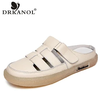 

DRKANOL Fashion Women Summer Slippers Genuine Leather Beach Flat Slippers Women Slides Round Toe Openwork Gladiator Sandals