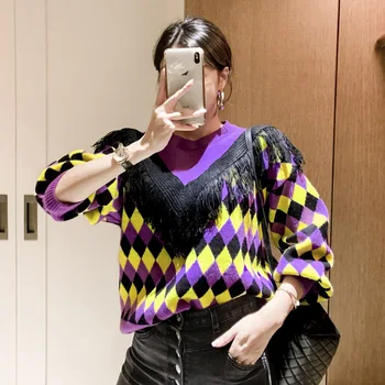 

Foamlina New Autumn Winter Pullover Sweater for Women O Neck Long Sleeve Geometric Pattern Tassels Casual Ladies Knitted Sweater