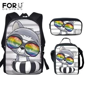 

FORUDESIGNS Animal Art School Bag Set Cartoon Raccoon Student Kids Backpack Teens Girl Softback Children Shoulder Bags sac a doc