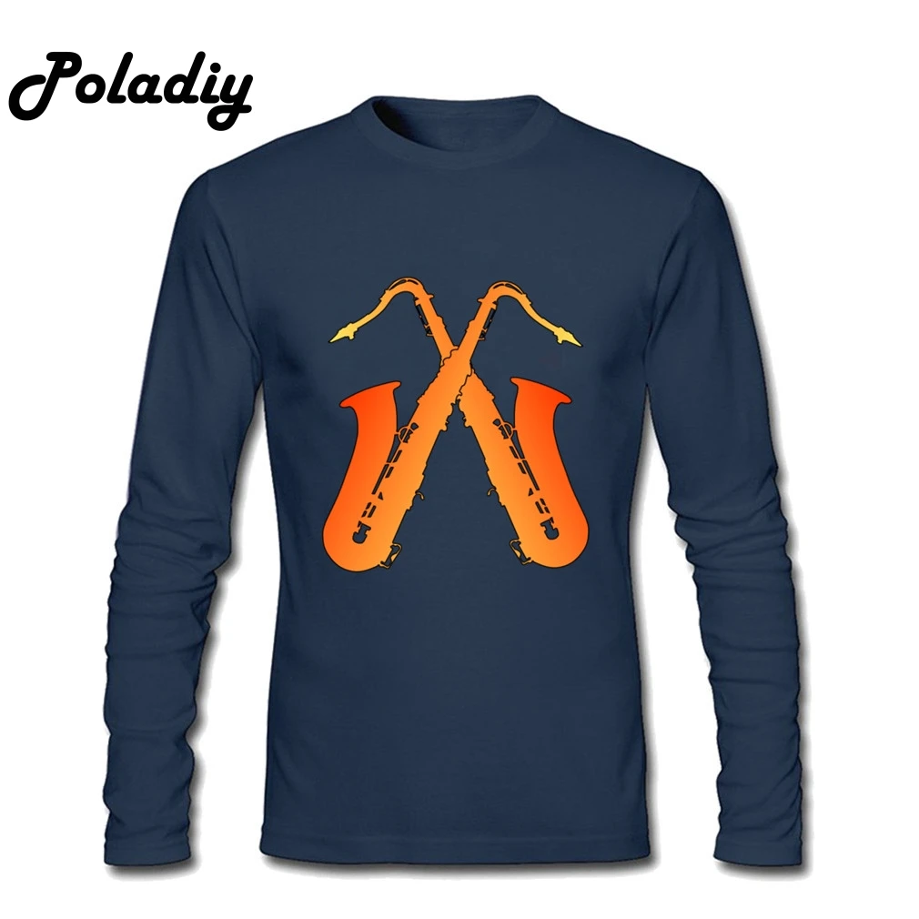  Crossed Saxophones Normal Men T Shirt Uniforms Long Sleeve Tees Shirt Youth Round Collar Shirts Blo