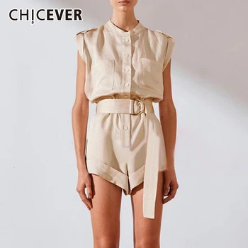 

CHICEVER Casual Playsuits For Women Stand Collar Short Sleeve High Waist With Sashes Shorts Playsuit Female 2020 Fashion New
