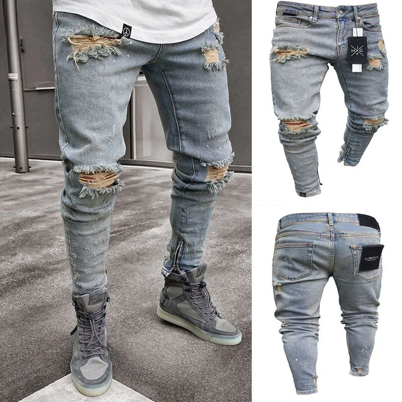 CYXZFTROFL Men's New Hole Slim Slim Jeans Fashion High Quality Trend Jeans Stretch Hollow Tight Riding Pleated Printed Jeans