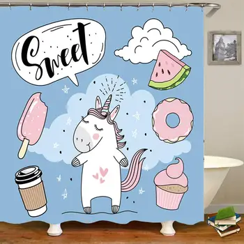 

Shower Curtain Set with Hooks Soap Resistant Waterproof Cute Cartoon Unicorn Sweet Ice Cream Star Blue Bathroom Decor Machine