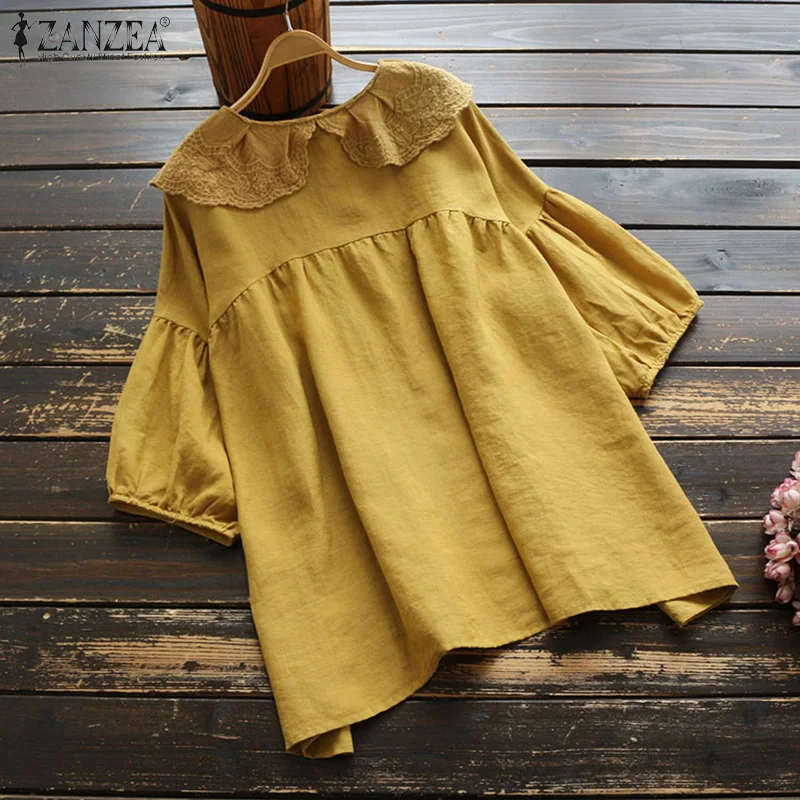 Женская кружевная вязанная блуза ZANZEA Kaftan, хлопковые топы, летние блузки с кукольным воротником, женские рубашки с рукавом 3/4 размера плюс, однотонная туника