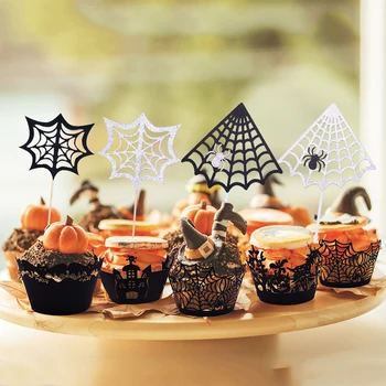 

Black Spider Web Cupcake Liners Paper Silver Cake Topper For Halloween Party Decoration Cake Wrapper Tray DIY Cake Decorating