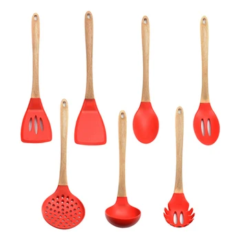 

7/8PCS Silicone+Wood Handle Cooking Tools Set, Kitchen Cooking Utensils Set Kit, Turner Soup Spoon Strainer Pasta Server Red