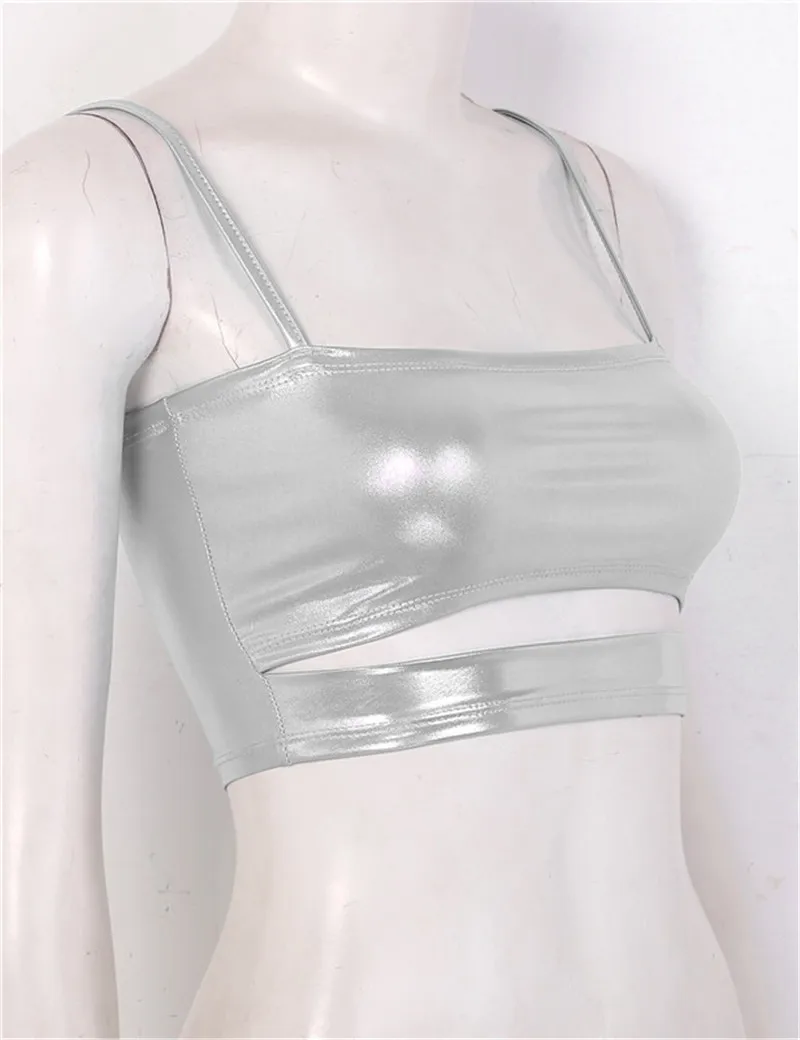 Женская мода Wetlook Блестящий металлический танцевальный топ на бретельках с вырезами на бретельках Бюстье Cami укороченный топ фестивальный рейв Топы