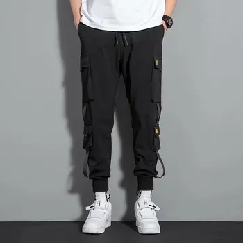 Pantalones Cargo con cintas para hombre, ropa de calle informal con bolsillos laterales, estilo Hip Hop, color negro, 2021 2