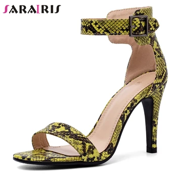 

SARAIRIS Ins New Snake Print Lady Summer Sandals Round Toe Ankle Strap Buckle High Heels Sandals Women Cover Heel Shoes Woman