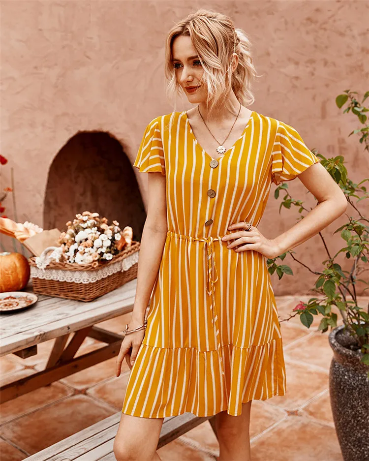 Summer Women Dress casual loose high waist striped Fashion lace-up Dresses elegant Ruffles party mini dress boho ladies clothes