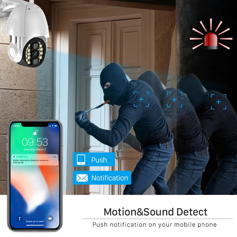HD 1080P Беспроводная Wifi PTZ ip-камера, полноцветная камера ночного видения, двойной светильник, пульт дистанционного управления для мобильного телефона, водонепроницаемая камера видеонаблюдения для домашней безопасности