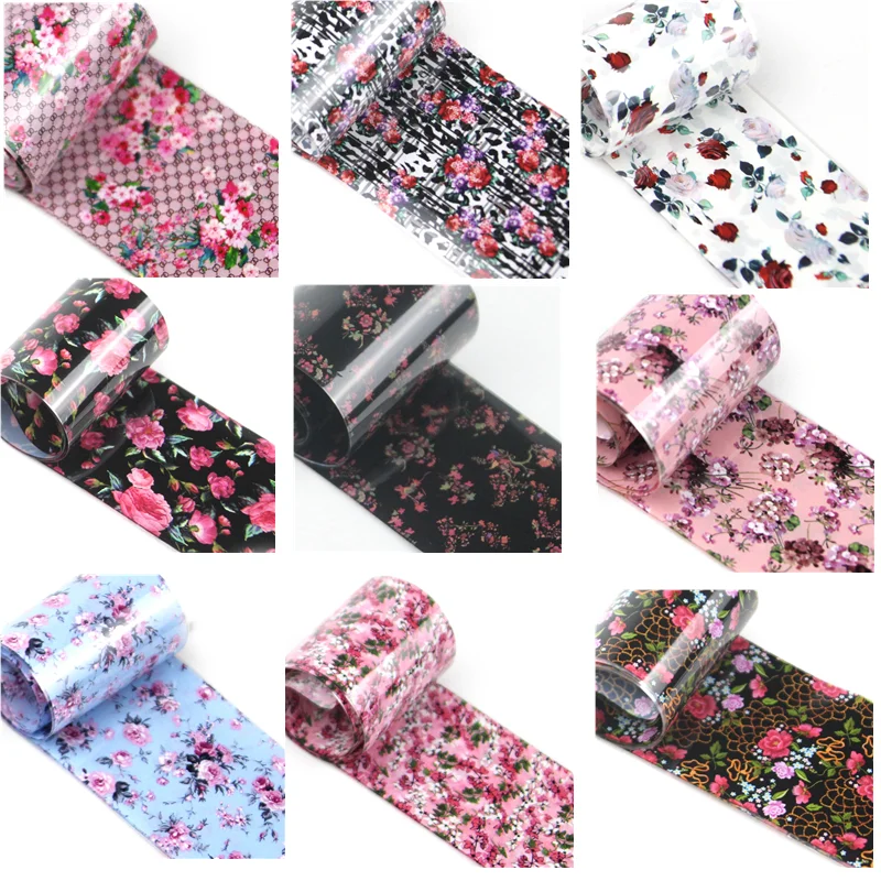 10 Rolls/Box Nail Art Foil Rose Flower Stickers for Nails Transfer Adhesive Wraps Paper Manicure Decoration Nail Decals