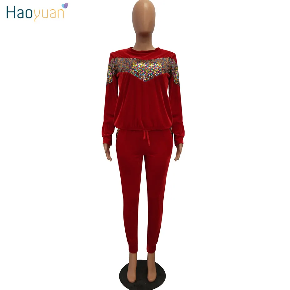 HAOYUAN Женский комплект 2 шт. из плотного бархата с блестками; Спортивный костюм; топы с длинными рукавами и брюки; осенний Велюровый костюм из двух предметов - Цвет: Красный