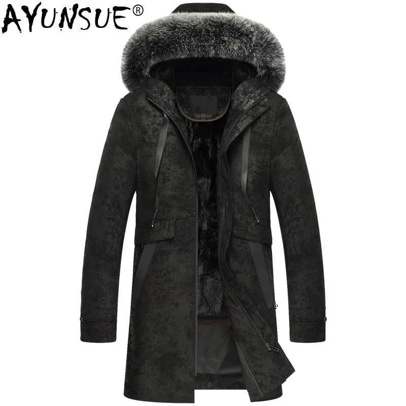 

AYUSNUE Genuine Leather Jacket Men Winter Real Mink Fur Liner Fox Fur Collar Sheepskin Coat Mens Mink Jackets -6-7-7-8- KJ3104