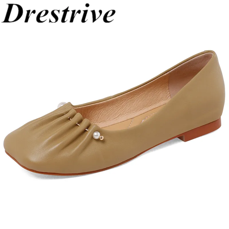 

Drestrive Women Flats Sheepskin Square Toe 2021 New Arrival Summer Casual Shoes Fold Low Heel Full Genuine Leather Black Loafers