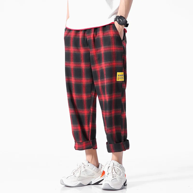 Joggers para hombre, pantalones a cuadros para hombre, de algodón negro Pantalón cómodo, pantalones casuales de verano, pantalones sueltos, pantalones de chándal japoneses de moda