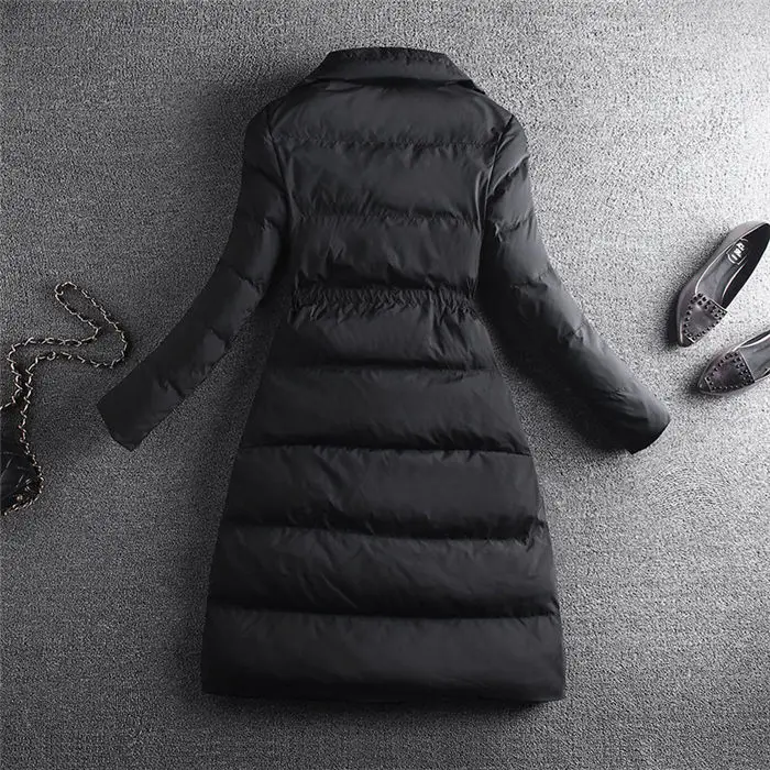 Европейская станция костюм воротник хлопок пальто женская зимняя длинная секция тонкий шнурок вниз хлопок Мягкий Черный жакет f2249