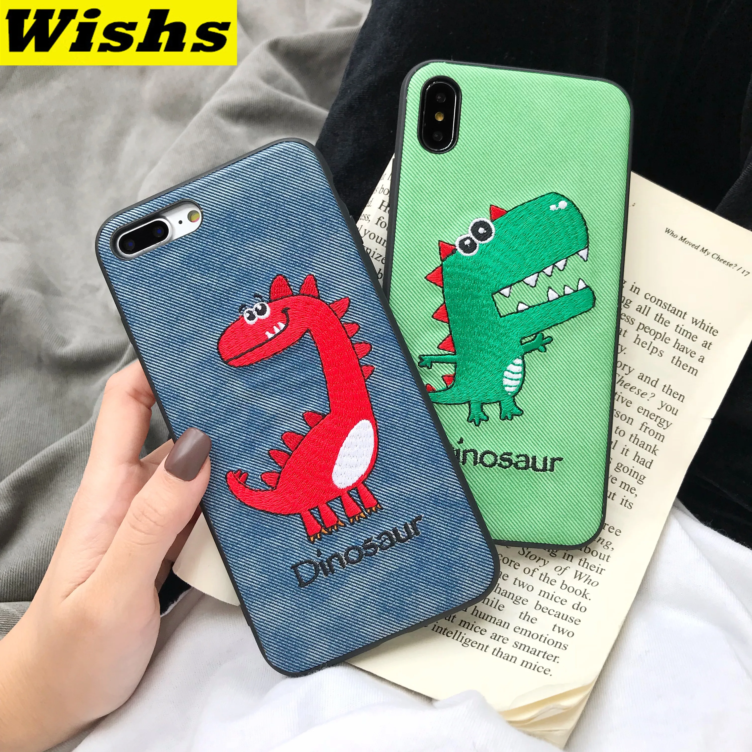 

Cute Cartoon Green Red dinosaur case for iphone 11 pro MAX X XR XS MAX 8 7 6 6s Plus Luxury 3d embroidery cloth soft cover coque