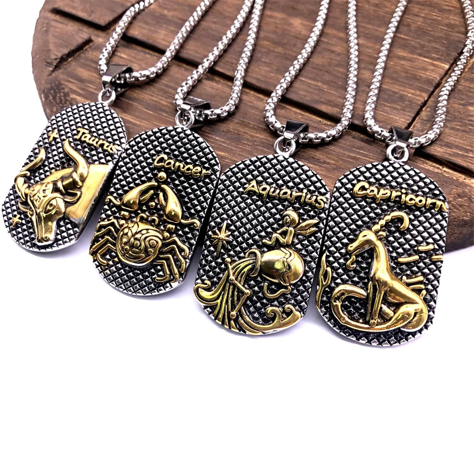 Zodiac Sign Pendant Twelve Constellations Stainless Steel Necklace for Men and Women Retro Vintage Punk Astrology Jewelry