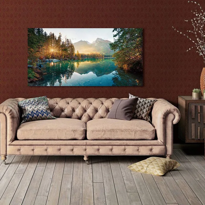 

Modern Posters Prints Nature Landscape Canvas Painting Sunshine Forest Lake Pictures for Living Bedroom Wall Art Home Decor