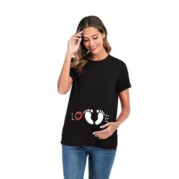 

Ropa De Maternidad De Moda Foot Print T Shirt Maternity Clothes Pregnant Plus Size New Summer O-Neck Short Black Clothes