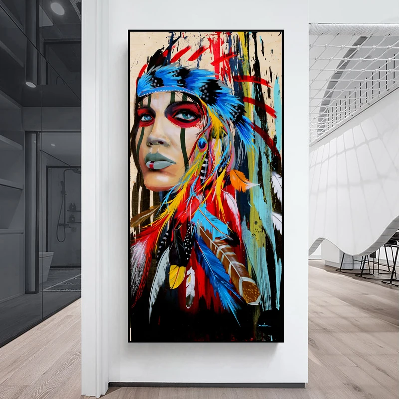 Feathered Women Canvas Print Painting Colorful Graffiti Art Posters Native Wall Pictures for Living Room Home Decor | Дом и сад