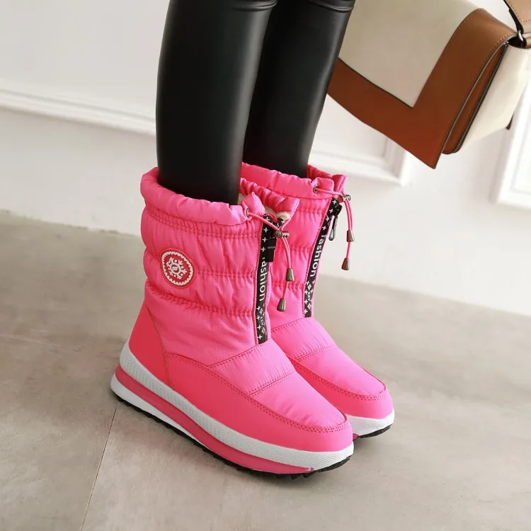 Женские шикарные Теплые Зимние ботильоны на меху с подкладкой зимние лыжные ботинки с подтягивающимся верхом новые утолщенные ботинки на скрытом каблуке для девочек - Цвет: Розовый