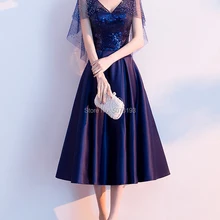 8132 темно-синее платье с v-образным вырезом и оборками, с длинным рукавом, из натурального кружева и матового атласа, платья для выпускного вечера/Вечерние платья с поясом