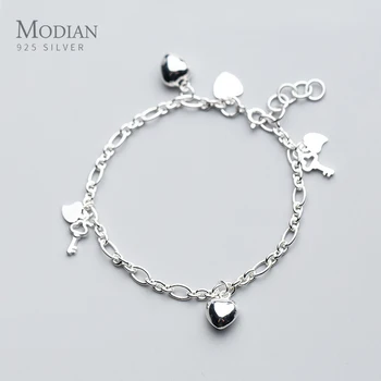 

Modian New 925 Sterling Silver Simple Hearts Key Charm Bracelet Bangle for Women Link Chain Korea Style Fine Jewelry Pulseira