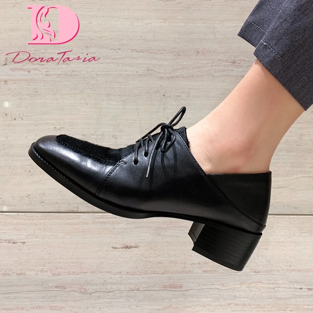 

Doratasia 2020 New Design Genuine Cow Leather Chunky Heels Pumps Woman Shoes Square Toe Lace-Up Casual Shoes Women Pumps