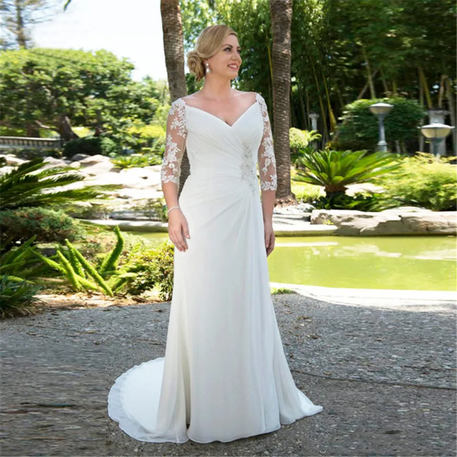 

Modest Plus Size Wedding Dresses 2019 Custom Made Beaded V-neck Chiffon Bridal Gown with 3/4 Sleeves Robe de Mariee