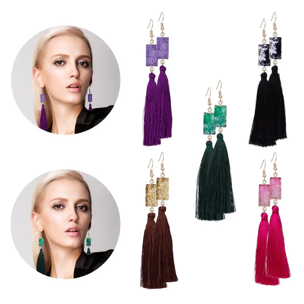 

Rinhoo Vintage Stone Druzy Resin Earrings Geometric Square Fringe Long Tassel Drop Earrings For Women Jewelry Gifts For Women