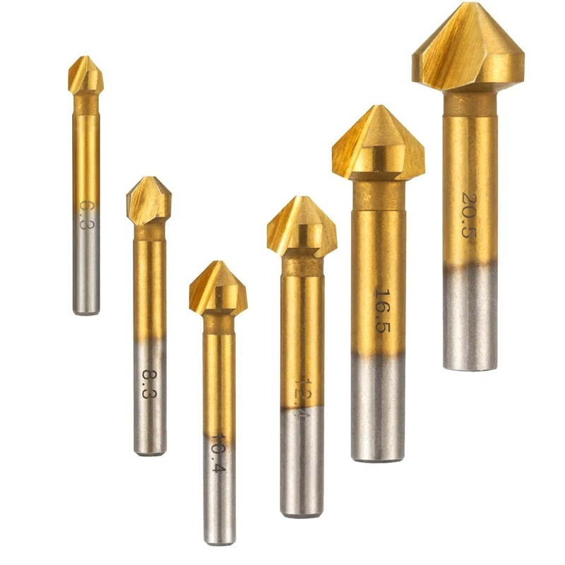 Hot XD-6 pcs HSS Countersink Drill Bit Set 90 Degree 3 Flute Titanium Chamfer Cutter Mill Drill Bits