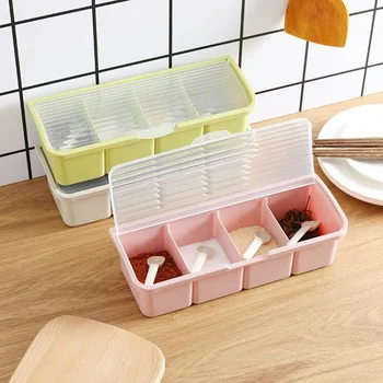 

Seasoning Box Condiment Storage Container Rack Spice Jar 4 Cells With Spoon Spice Box Storage Container Condiment Jars for Spice