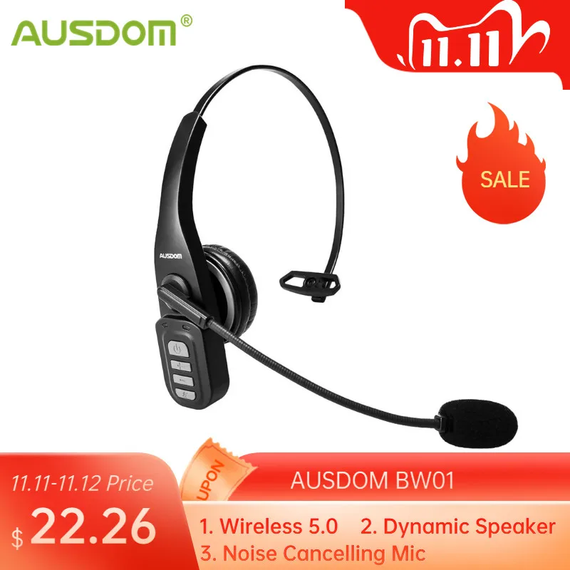 

AUSDOM BW01 Wireless Bluetooth 5.0 Telephone Headset With Noise Cancelling Mic 22H Talking Time For Call Center PC Phone