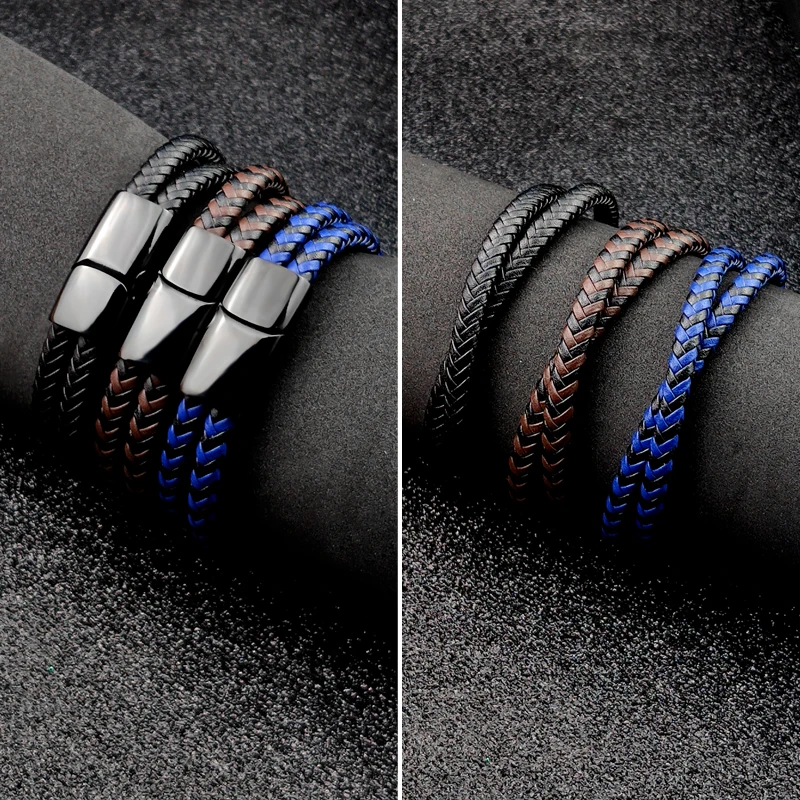 Titanium Steel Bracelet Double Layer Brown Black Leather Braided Rope Man Stainless Steel Magnetic For Women Gift bracelet jewelry