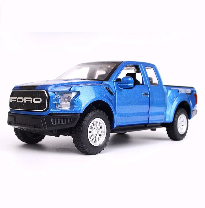 

1: 32 Ford Raptor F150 pickup truck model car sound and light return vehicle cross country children's toys birthday blue car