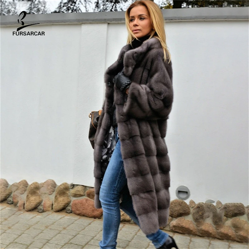 FURSARCAR 2019 New Women Fashion Winter Real Iron Grey Mink Fur Coat Luxury Lady Genuine Natural Fur Long Jacket And Coat Female