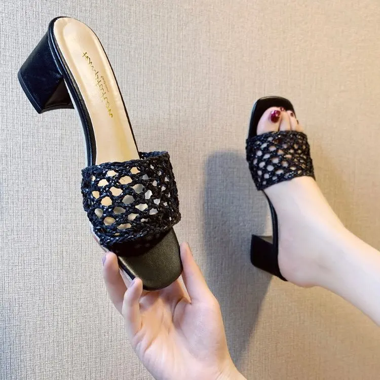 

Elegant Slippers 2020 for Summer Women Shoes Heels Sandals Hollow Female Slippers Chunky Heel Flip Flops