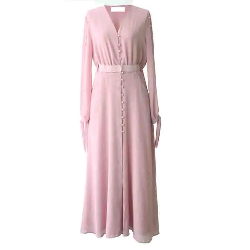Розовое элегантное шифоновое платье для женщин с v-образным вырезом, модное вечернее платье с длинным рукавом, новые осенние сексуальные однобортные платья, одежда для женщин - Цвет: pink