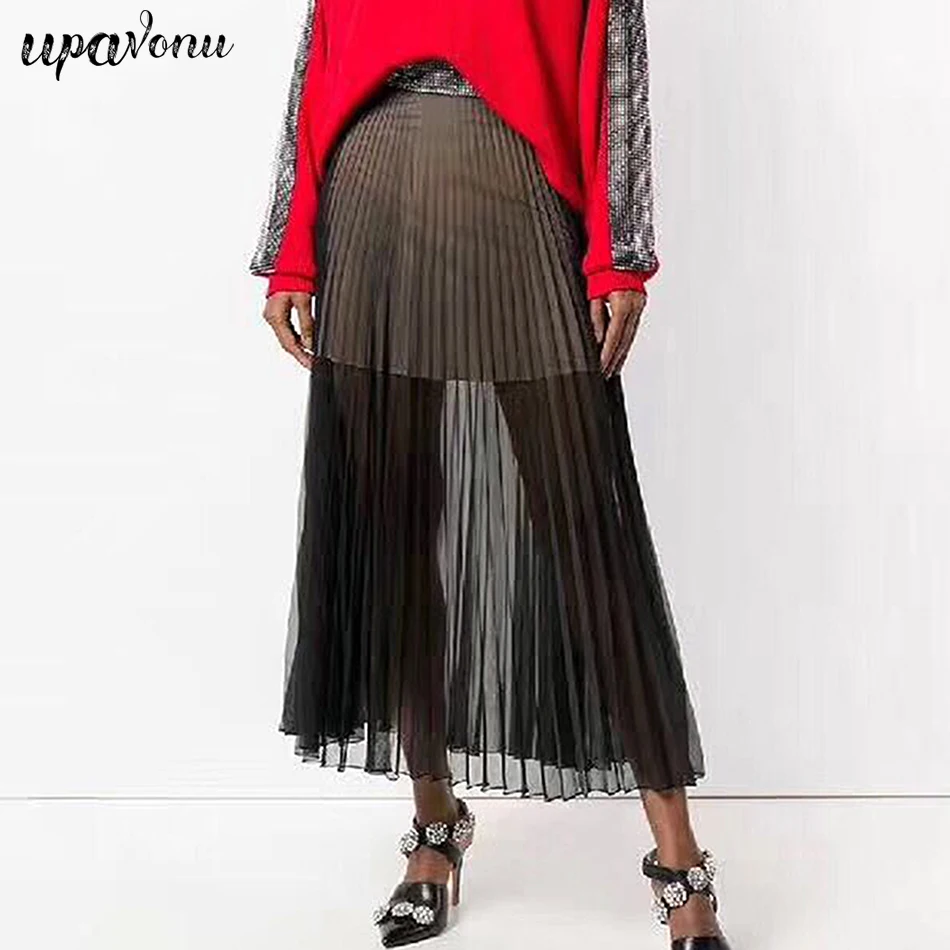 

Spring Summer 2019 Women Chiffon Long Maxi Pleated Skirt Midi Skirt Casual Party High Waist Elascity Skirt