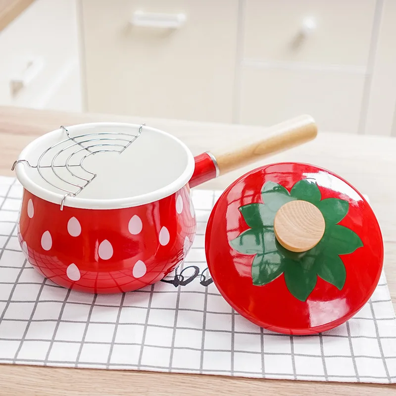 

1.5L Pan Soup&Stock Pots Japan Enamel Strawberry Milk Pot Thickened Edge Handle Milk Pot Baby Rice Pot