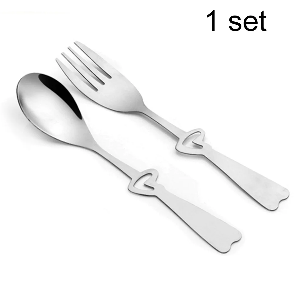 

2PCS Heart Shape Silver Tableware Practical Cutlery Set Lunch Long Handle Stainless Steel Easy Clean Spoon Fork Kitchen Gifts
