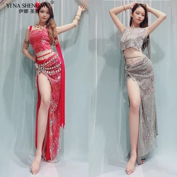 

Women Belly Dance Costume Suit Top+Skirt 2pcs Clothes Coloured Beaded Embroidered Shoulder Fairy Clothing Bellydance Set Wear
