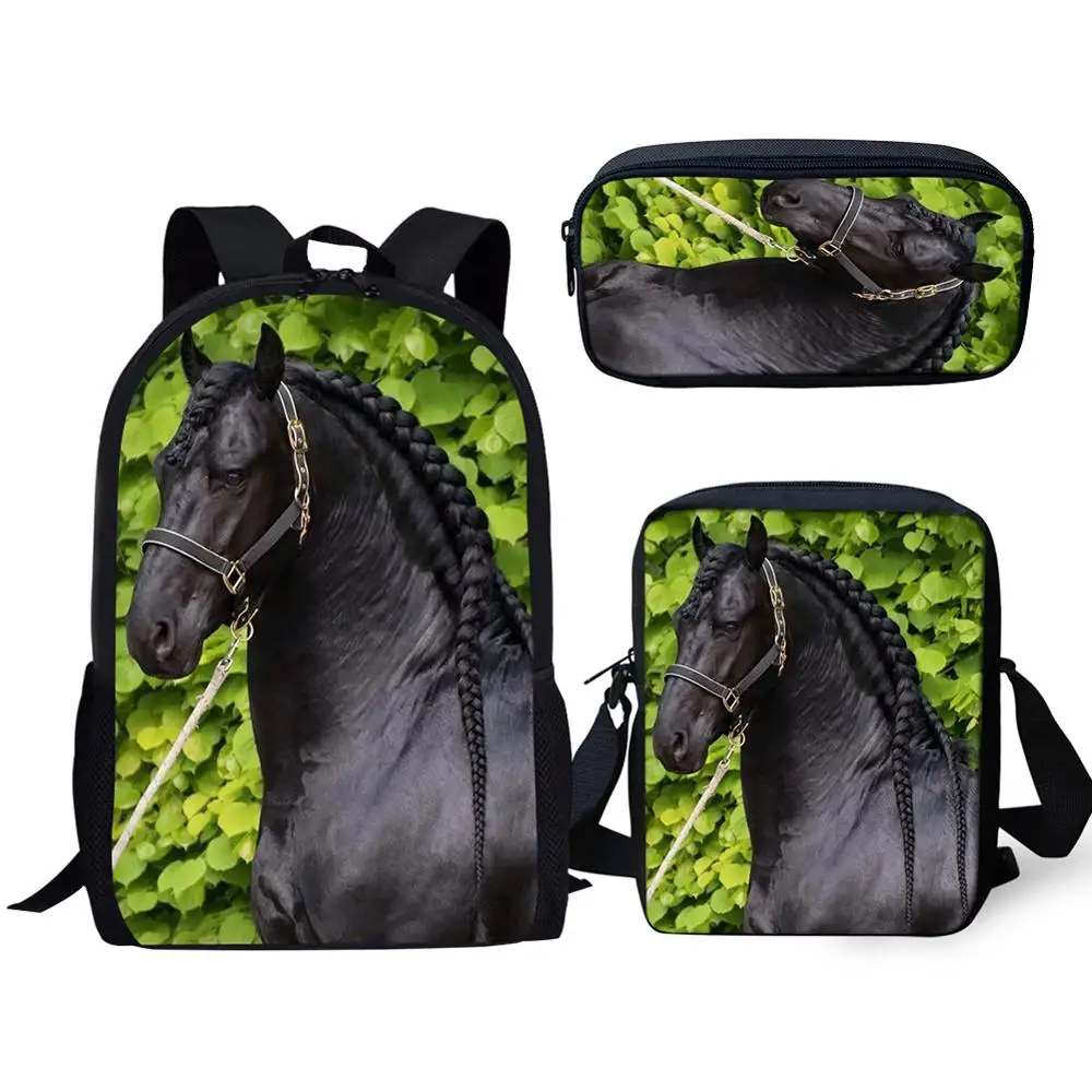 

Black Friesian Horse School Backpack Set/3PCS Boy Girl Student BookBag 16 inch Satchel Children Knapsack Daypack Travel Bag 2020