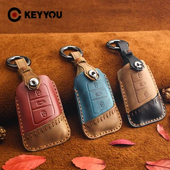 

KEYYOU Genuine Leather Car Key Case Cover Protector 3 Button For Volkswagen VW Golf Passat B8 Skoda Superb A7 2016 2017 Keychain