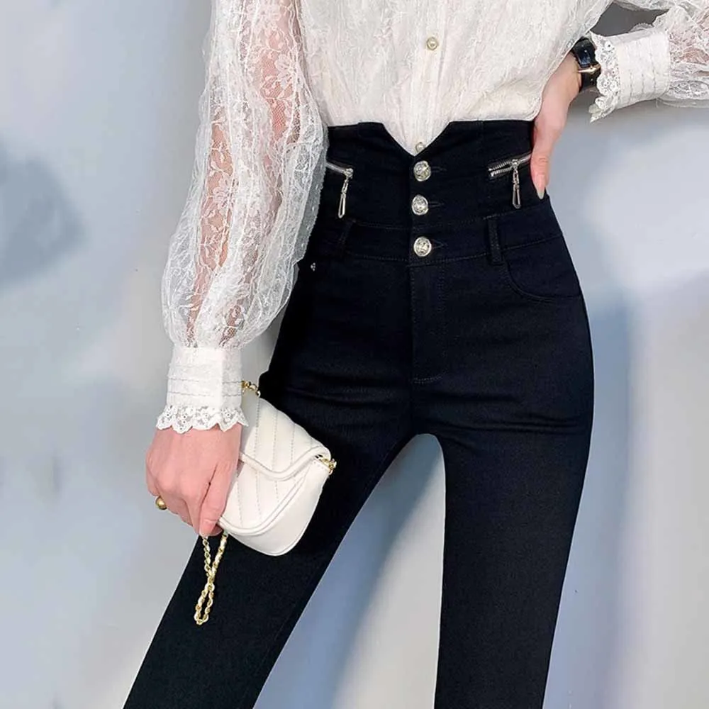 2022 New Spring Autumn High Waist Tight Fitting Slim Zipper Decoration Stretch Black Pencil Pants Women | Женская одежда