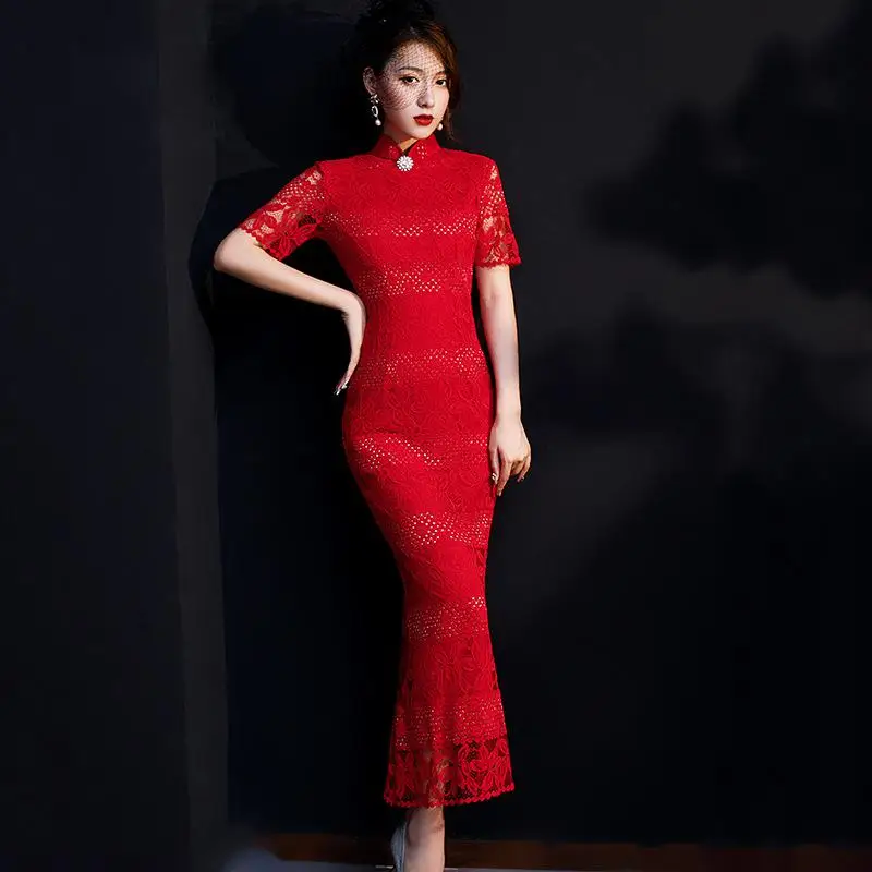 Красные женские кружевные Длинные Cheongsam Spring весеннее винтажное платье в китайском стиле Модные Qipao тонкие вечерние платья с пуговицами Vestido - Цвет: Красный