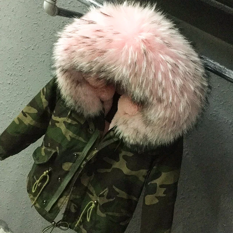 Military Style Camouflage Short Parka For Chileren Pink Color Real Raccoon Fur Collar And Faux Fur Lining Coat With Cotton Rope