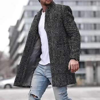 

Men Trench Coat Men's Solid Color Windbreaker Long-length Coat Lapel Collar Long Sleeve Warm Autumn Winter